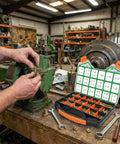 Mechanic using Beefy 702-Piece Grade 8 Nuts And Bolts Set With Hex Head Cap Bolts in workshop, open case on wooden table