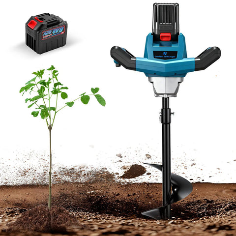 Beast 1200W Cordless Earth Auger With Reverse Function next to a small plant and battery, 6 inch bit for digging