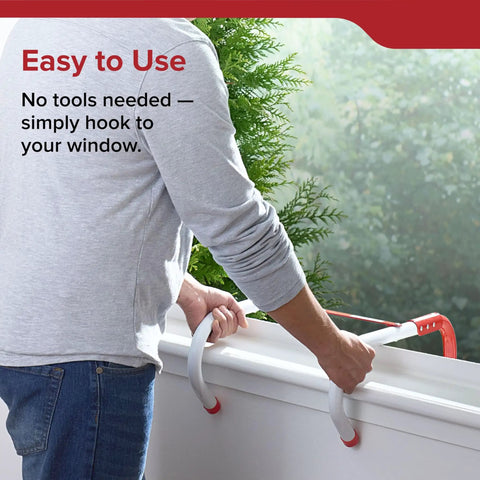 Person attaching Two-Story Fire Escape Rope Ladder Extends To 13 Feet Quick Window for Casement Windows with no tools needed.