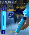 Demonstration of Grab And Go Squeezable Water Filtration System With Survival Purifier Kit featuring filter straw usage near a lake.