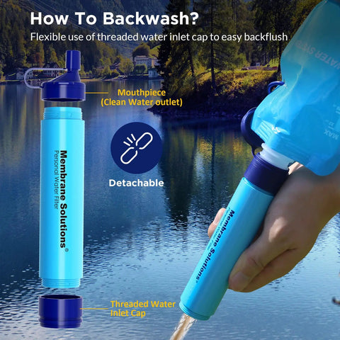 Demonstration of Grab And Go Squeezable Water Filtration System With Survival Purifier Kit featuring filter straw usage near a lake.