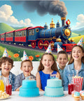 Children celebrating with Epic Train Party Backdrop Banner Locomotive Theme Steam Train Decoration For Birthday Party Supplies