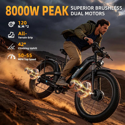 Man riding 8000W Peak Dual Motor Electric Bike For Adults With Removable 52V 30Ah Battery Up To 120 Miles And 55 MPH on terrain