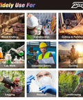 Collage of people using safety glasses for wood crafting, construction, cutting, lab work, industrial safety, cycling, logging, hospital, and landscaping.