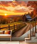 No Sweat Peel And Stick Wall Murals Featuring Rustic Barn Sunset Autumn Print Self Adhesive Vinyl Removable Stickers For Boys Girls Bedrooms Easy Room Refresh Makeover in cozy room setting.
