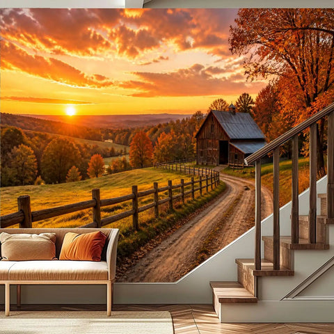 No Sweat Peel And Stick Wall Murals Featuring Rustic Barn Sunset Autumn Print Self Adhesive Vinyl Removable Stickers For Boys Girls Bedrooms Easy Room Refresh Makeover in cozy room setting.