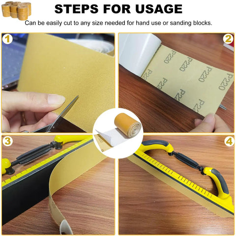 Two And Three Quarters Inch Wide PSA Continuous Roll Sandpaper Kit With 30 Yards Of Stickyback Longboard Sheets in use steps.