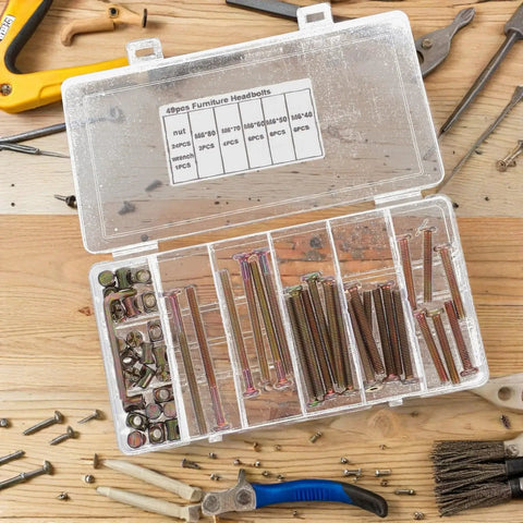 49 Piece M6 Hex Drive Screws And Barrel Nuts Set For Bed Frame Assembly And Home Repairs in clear storage box on workbench.