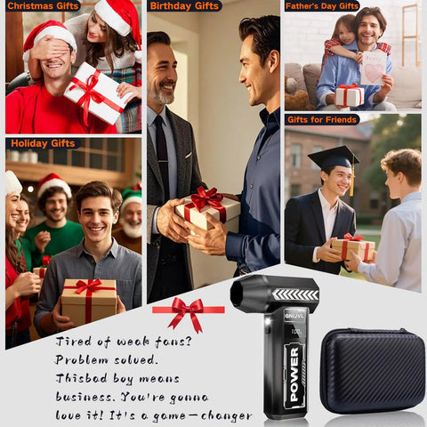 Various holiday gift scenes featuring a Beastly Mini Air Duster with LED light, emphasizing gift exchange moments.