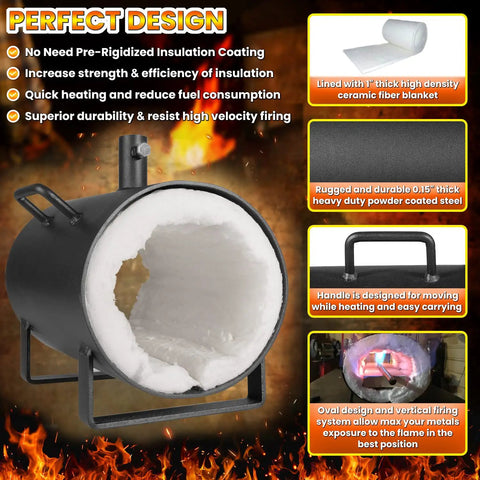 Portable Propane Forge With Single Burner For Blacksmithing Knife Making Farrier Tools And Metalworking Large Capacity Oval Steel Furnace Pro Grade Heat shown with insulation lining and handle.