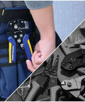 Self Adjusting Wire Stripper And Cutter With Crimping, 3 In 1 tool in a tool belt, close-up of handles and blades made of alloy steel.
