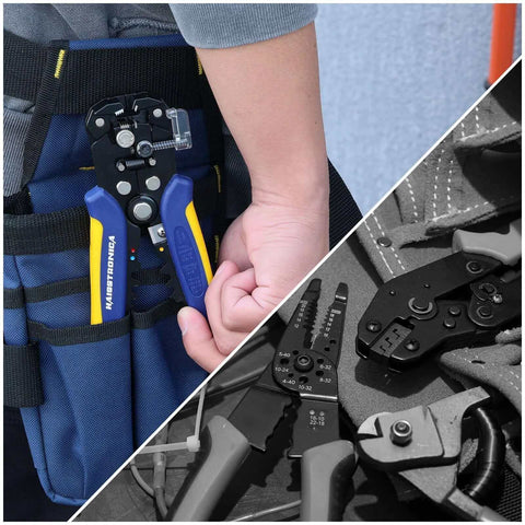 Self Adjusting Wire Stripper And Cutter With Crimping, 3 In 1 tool in a tool belt, close-up of handles and blades made of alloy steel.