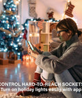 Woman using mobile app for Smart Outlet Switches 4 Pack With Auto Pairing And Energy Monitoring For Alexa And Smart Home Systems