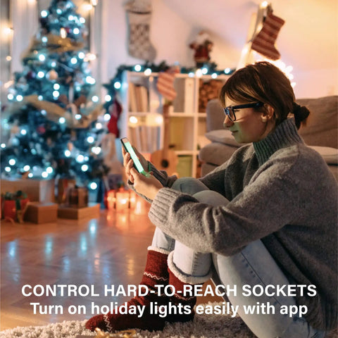 Woman using mobile app for Smart Outlet Switches 4 Pack With Auto Pairing And Energy Monitoring For Alexa And Smart Home Systems