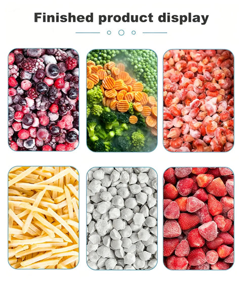 Finished display of various frozen products including fruits, vegetables, and seafood for the Heavy Duty Tunnel Freezer With Rock Solid Conveyor Belt For Quick Freeze Meat Seafood And Veggies Industrial Iqf Rapid Freezing Machine Built Like A Tank And Zero Sweat For Commercial Kitchens Demanding Beast Mode Output Any Day Long.