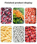 Top Shelf Industrial Tunnel Freezer With Sturdy Roller Conveyor Belt For Lightning Fast Individual Quick Freezing Of Prime Meat Seafood And Farm Fresh Veggies At Your Busy Food Shop frozen berries, mixed vegetables, and strawberries display.