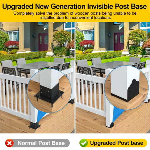 Comparison of stainless steel 6x6 post base bracket set, showcasing adjustable design for pavilion deck porch handrail support.