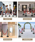 Various setups of Stanchion Posts With Velvet Ropes Set Of 6 For Crowd Control Barriers in different event settings.