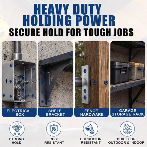 Heavy duty holding power with Built Tough 200 Piece Concrete Screws 3/16 X 1-3/4 Inch for secure electrical box and shelving.