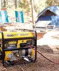 Portable 1500 Watt Generator With 120V 20A Outlet Delivers Up To 10 Hours Run Time displayed in a camping setting