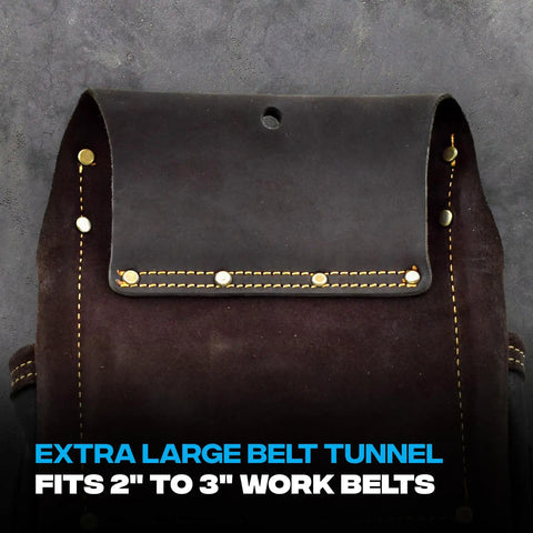 Oil Tanned Leather Tool Pouch With Ten Pockets And Hammer Holder For Carpenters showing 3 inch belt compatibility and stitching