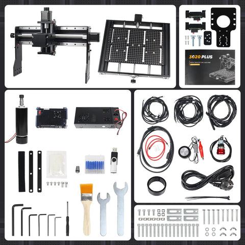 Professional Desktop Cnc Router 3020 Plus Featuring 500W Grbl Milling Engraving Machine For Wood Projects assembly parts and tools layout
