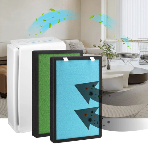 2 Pack 4-In-1 H13 True HEPA Replacement Filters For PB-P01 Air Purifier with arrows showing airflow in modern living room