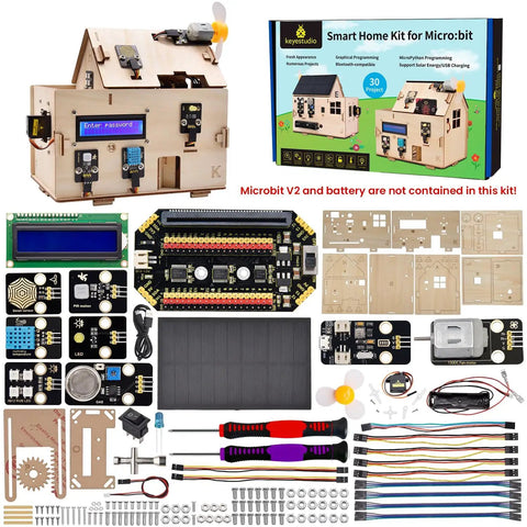Microbit Smart Home Starter Kit for STEM Coding Projects Age 15 Plus Build an Intelligent Home With Automated Lighting Environmental Monitoring Security Alerts and Smart Fan Control A Fun Hands On Project That Turns Coding Into Real World Innovation. kit parts laid out
