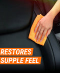 Hand using Leather Care Gel For Cars Trucks And Motorcycles Interior Cleaner And Conditioner That Cleans Conditions And Protects