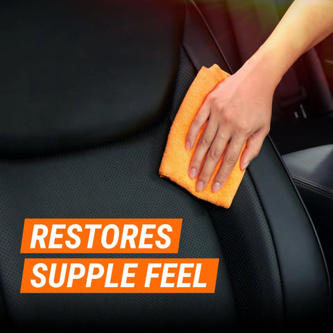 Hand using Leather Care Gel For Cars Trucks And Motorcycles Interior Cleaner And Conditioner That Cleans Conditions And Protects