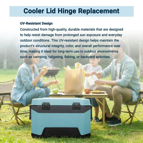 Replacement Cooler Hinges Kit Compatible With BMX 25 52 And 72 Qt Coolers shown with cooler during outdoor picnic