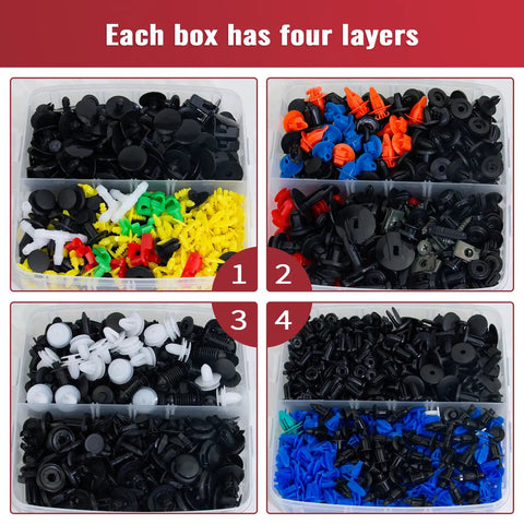 Heavy Duty 2041 Piece Shop Essentials Kit With Beefy Push Pin Retainers And Door Trim Clips To Fix Your Ride Quick Features. Four-layered organizer with assorted automotive fasteners.