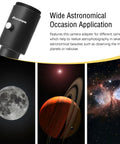 Beefy One Point Two Five Inch Fixed Camera Adapter For Telescope Focusers with moon and nebula images illustrating use in astrophotography.
