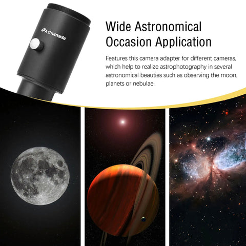 Beefy One Point Two Five Inch Fixed Camera Adapter For Telescope Focusers with moon and nebula images illustrating use in astrophotography.