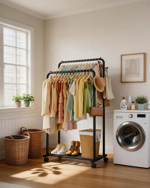 Bulletproof Double Rod Clothes Rack With Wire Mesh Shelves And Storage Hooks Top Tier Steel Garment Stand Supports Up To One Seventy Pounds Matte Black For Everyday Closets
