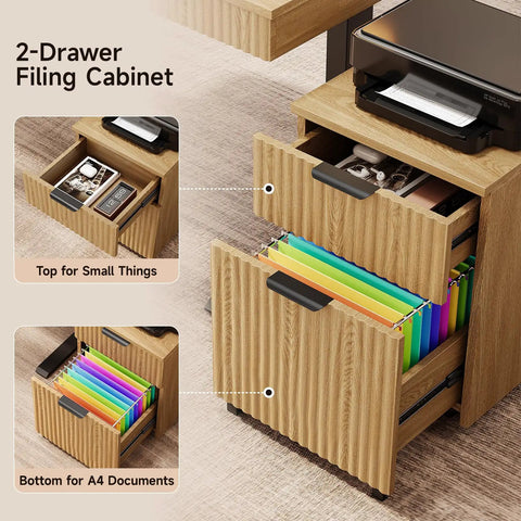 Smooth Operator Electric Standing Desk With Slim File Cabinet 63 Inch Height Adjustable Sit Stand Work Table Whisper Quiet Motor Natural Oak Desktop showing 2-drawer filing cabinet for document storage.