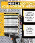 Front view of magnetic drill press speed chart sign, yellow/black, RPM guide for wood and metalworking, 8.5 × 10.5 in.