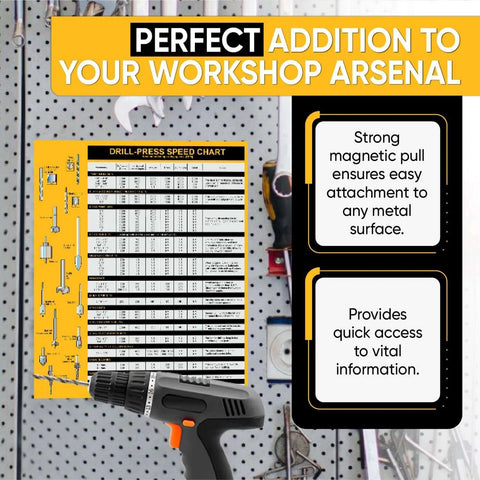 Front view of magnetic drill press speed chart sign, yellow/black, RPM guide for wood and metalworking, 8.5 × 10.5 in.