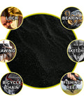 Ultra Fine Graphite Powder 1000 Mesh 1Lb Dry Lubricant For Locks, Bike Chains, 3D Printing And DIY Projects Conductive And Heat Resistant Non Toxic Lubricant Powder One Pound, displayed with uses for locks, bearings, drawing, sketching, bicycle chains, and fishing reels.