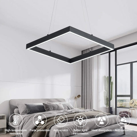 Sleek Square LED Pendant Light With One Ring Acrylic Shade For Dope Modern Look In Bedroom Adjustable Height 6000K Black Finish