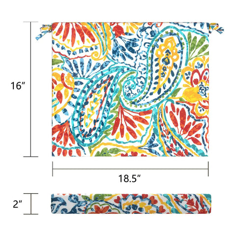 Outdoor Square Chair Cushions With Ties, Water Repellent Patio Seat Pads, 18.5 x 16 x 2 Inches, Set Of 4, Paisley Multi Pattern