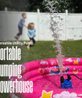 1/4 HP Submersible Sump Pump, 25 GPM High Flow Water Removal in inflatable pool, pumping water, vibrant outdoor setting