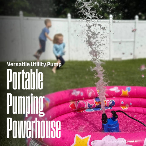 1/4 HP Submersible Sump Pump, 25 GPM High Flow Water Removal in inflatable pool, pumping water, vibrant outdoor setting