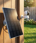 Outdoor Solar Panel Charger For Security Cameras, 3W USB C And Micro USB Ports mounted on wooden wall with camera