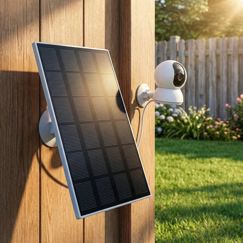 Outdoor Solar Panel Charger For Security Cameras, 3W USB C And Micro USB Ports mounted on wooden wall with camera