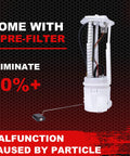 Image of an Electric Fuel Pump Module Assembly For 2005-2007 Jeep Liberty L4 2.4L And V6 3.7L Replaces E7199M Drop In Replacement With OEM Style Fit No Pressure Regulator Included Easy Install Reliable Fuel Delivery For Daily Driving showing a pre-filter feature highlighted against a black and red background.