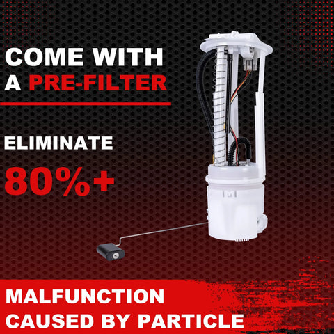 Image of an Electric Fuel Pump Module Assembly For 2005-2007 Jeep Liberty L4 2.4L And V6 3.7L Replaces E7199M Drop In Replacement With OEM Style Fit No Pressure Regulator Included Easy Install Reliable Fuel Delivery For Daily Driving showing a pre-filter feature highlighted against a black and red background.