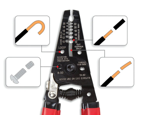 Close-up of 7 Inch Wire Stripper Tool Built Tough With Hardened Steel, detailed view of features including wire loops and cutters.