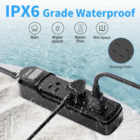 Outdoor Weatherproof Power Strip With 3 Outlets 3 Ft Short Waterproof Extension Cord Surge Protector 16 AWG 1875W 15A shown in wet conditions