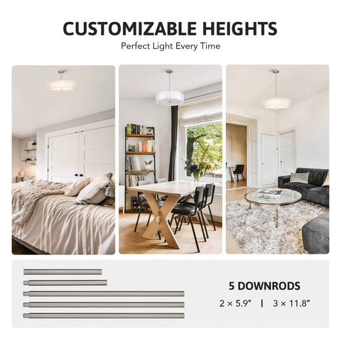 Three Light Drum Pendant Chandelier With Double Fabric Shades In Brushed Nickel 20 Inch Hanging Light Fixture in different rooms